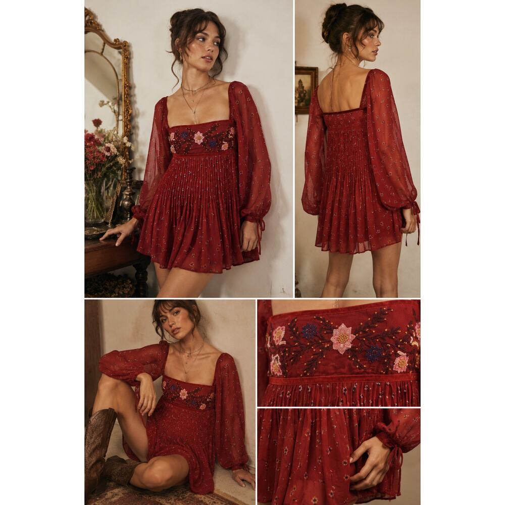 Free People Through The Meadows Mini Dress Red Embroidered Boho Fairycore S